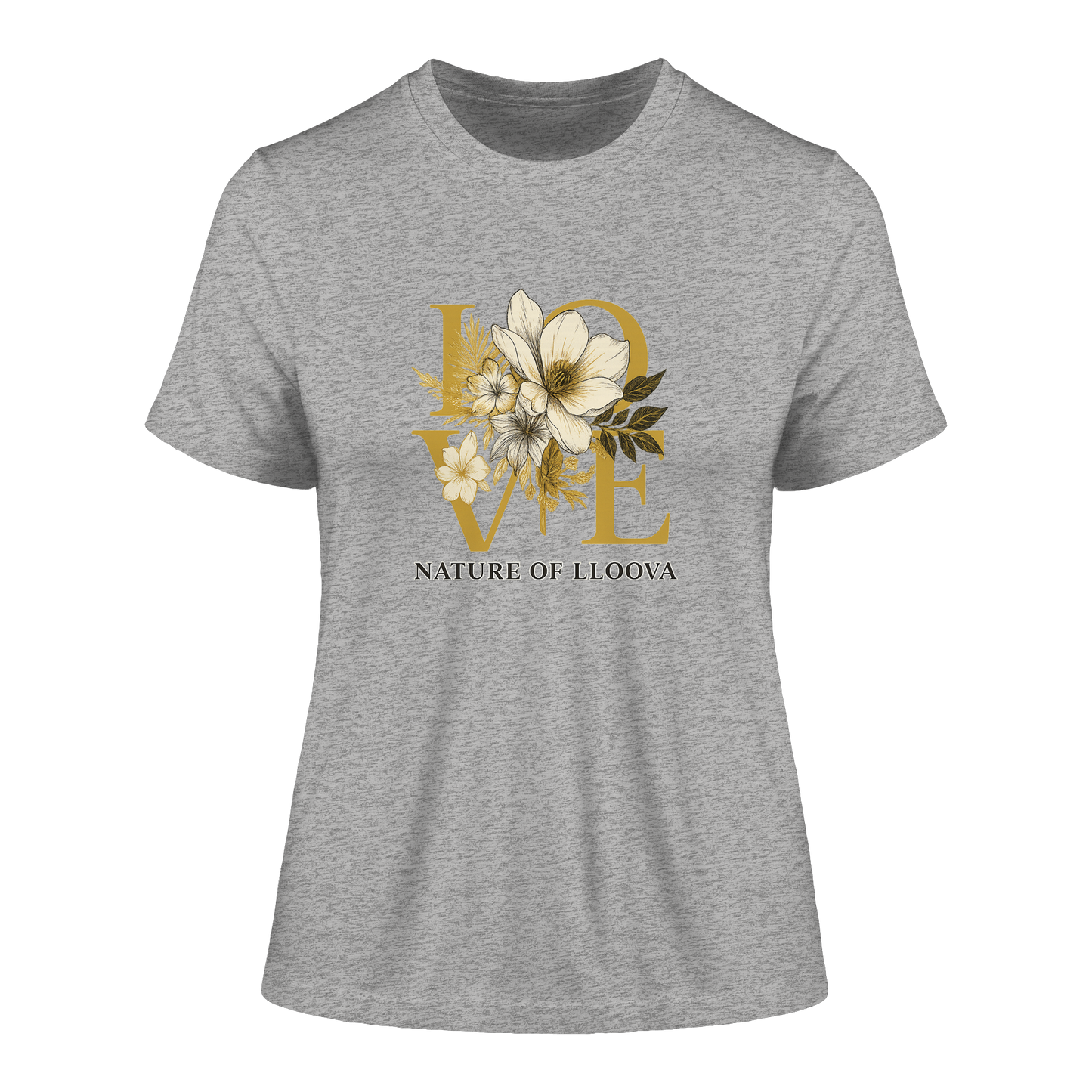 Elbwiese Fitted Ladies Organic Shirt mit LOVE & Blütenmotiv
Figurbetontes Bio-Shirt von LLOOVA in Gold & Schwarz
Detailansicht: florale Linien & Nature of LLOOVA Print
Nachhaltiges Damen T-Shirt mit hanseatischer Eleganz
Mindful Fashion für Naturverbundene Frauen
Feminines Statement Shirt für urbane Ruhe & Stil