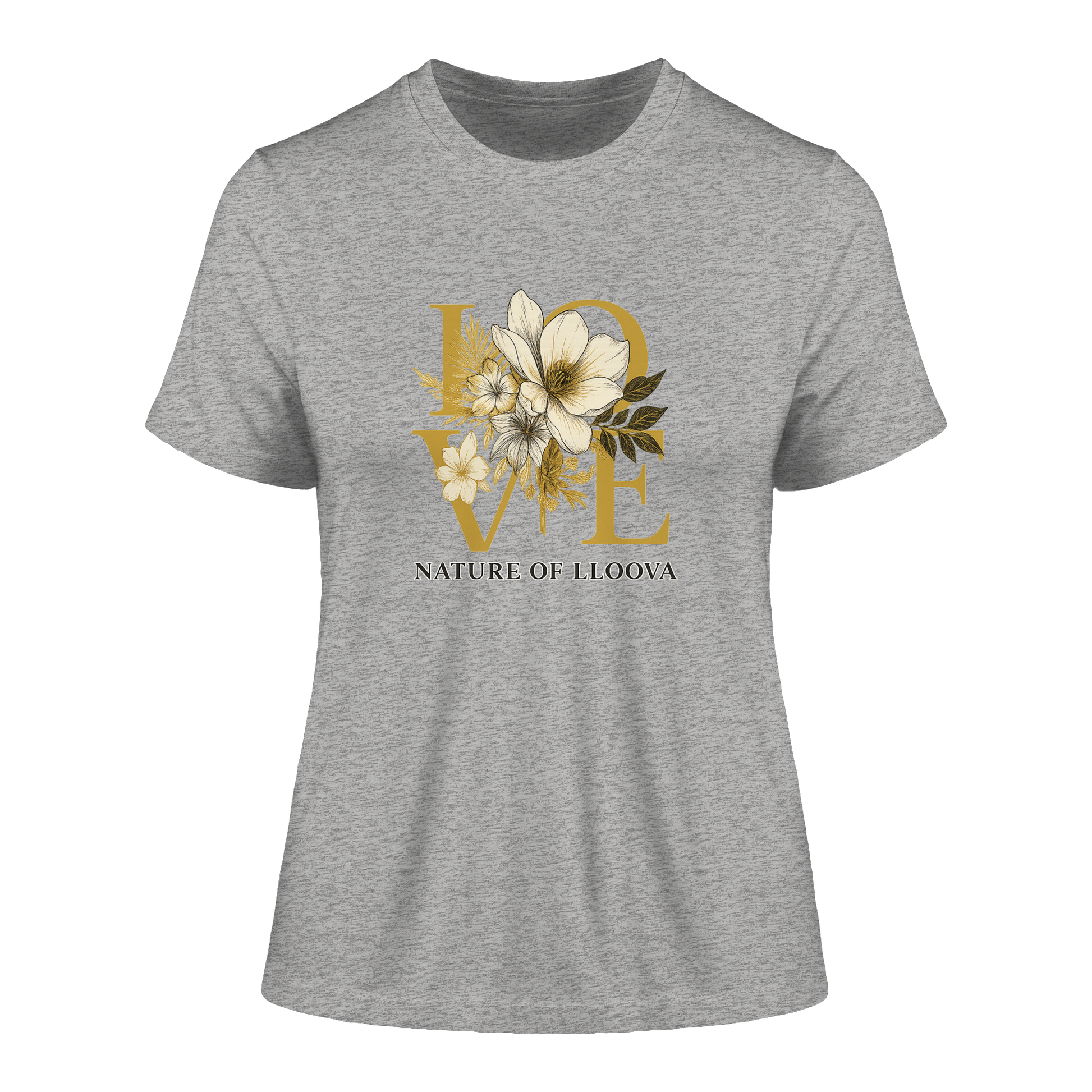 Elbwiese Fitted Ladies Organic Shirt mit LOVE & Blütenmotiv
Figurbetontes Bio-Shirt von LLOOVA in Gold & Schwarz
Detailansicht: florale Linien & Nature of LLOOVA Print
Nachhaltiges Damen T-Shirt mit hanseatischer Eleganz
Mindful Fashion für Naturverbundene Frauen
Feminines Statement Shirt für urbane Ruhe & Stil