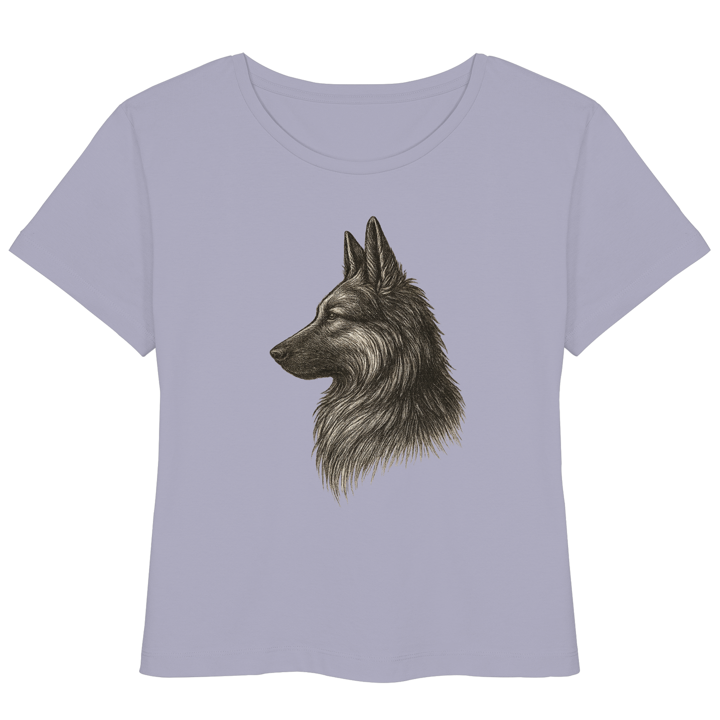 „Nachhaltiges Damen T-Shirt mit Schäferhund Illustration – Seitenansicht“