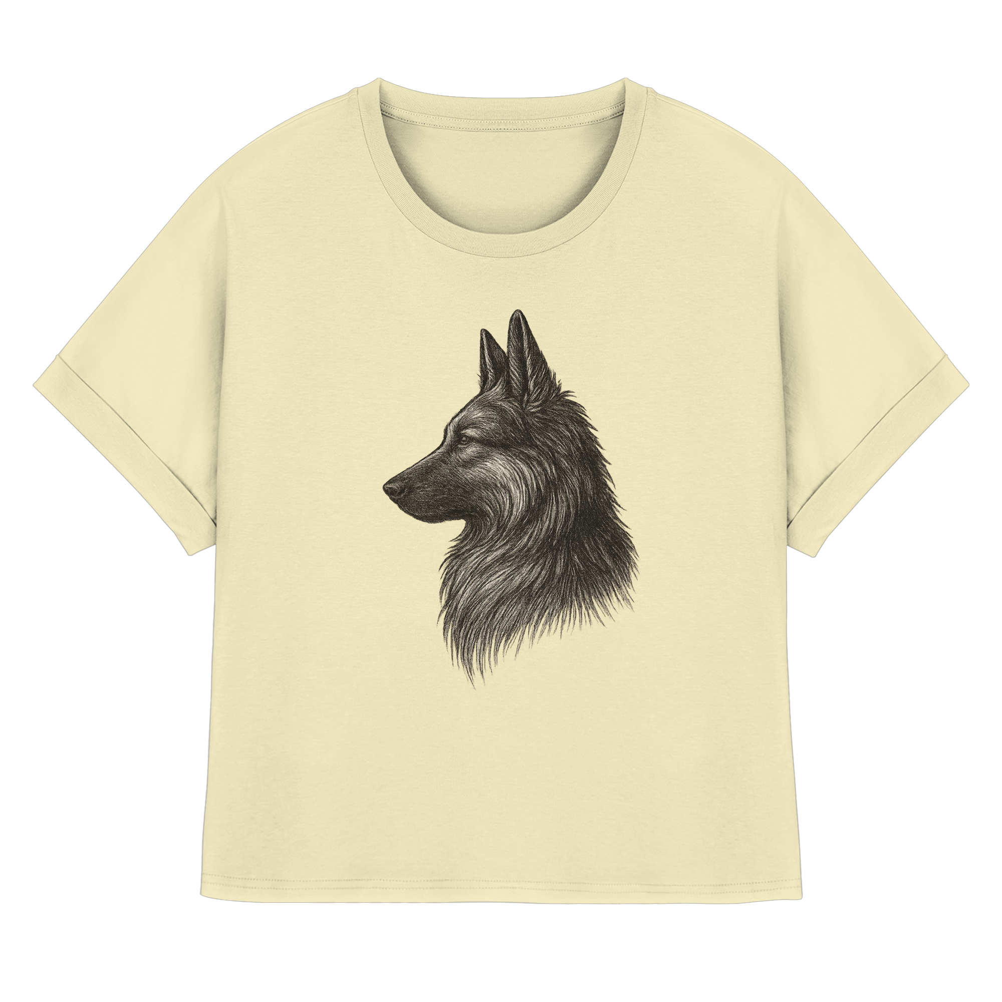 „Bio Damen Shirt mit aufgerollten Ärmeln – Schäferhund Illustration Treuer Blick“