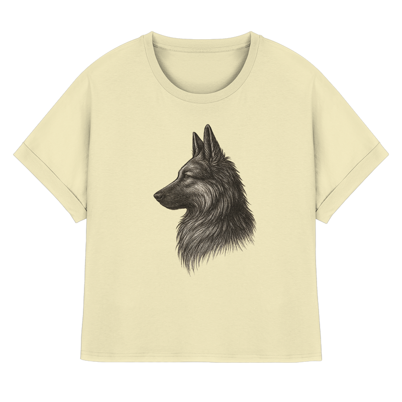 „Bio Damen Shirt mit aufgerollten Ärmeln – Schäferhund Illustration Treuer Blick“