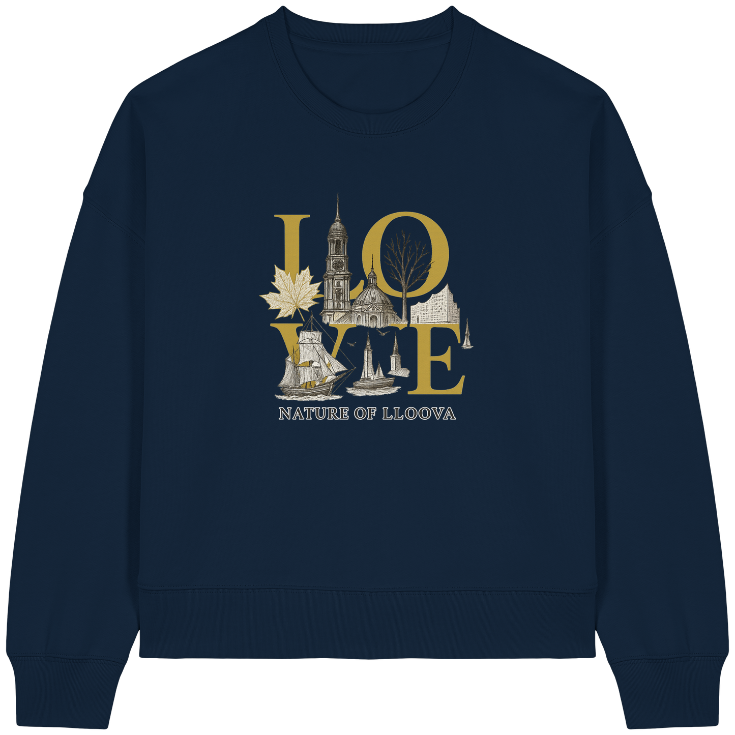 Boxcut Sweatshirt LOVE-Print – Michel & Elbphilharmonie

Nachhaltiger Damenpullover mit Statement-Design

Bio-Baumwolle Sweatshirt mit hanseatischem Stil

LLOOVA Sweatshirt aus fairer Produktion

Gold-Detail Sweatshirt mit Hamburg-Icons

Damen Sweater mit urbanem Schnitt und Bedeutung

