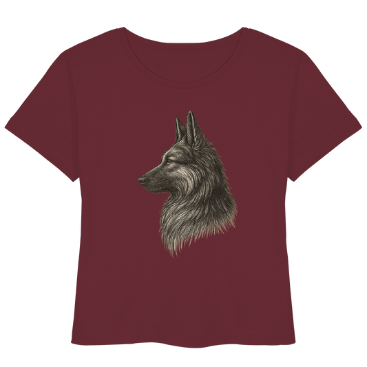 „Damen Bio-T-Shirt mit handgezeichnetem Schäferhund-Motiv – Vorderansicht“