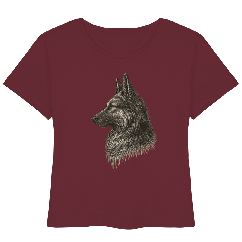 „Damen Bio-T-Shirt mit handgezeichnetem Schäferhund-Motiv – Vorderansicht“