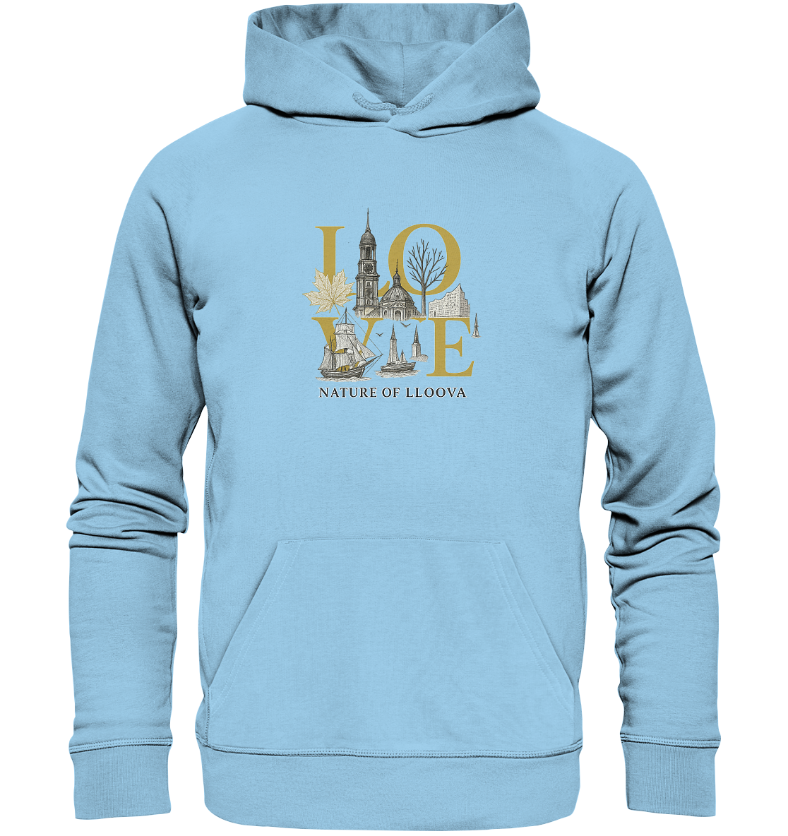 Detailansicht der Kapuze mit flachen Kordeln und Fischgrät-Nackenband

Kängurutasche des LLOOVA Bio-Hoodies mit Flatlock-Nähten

