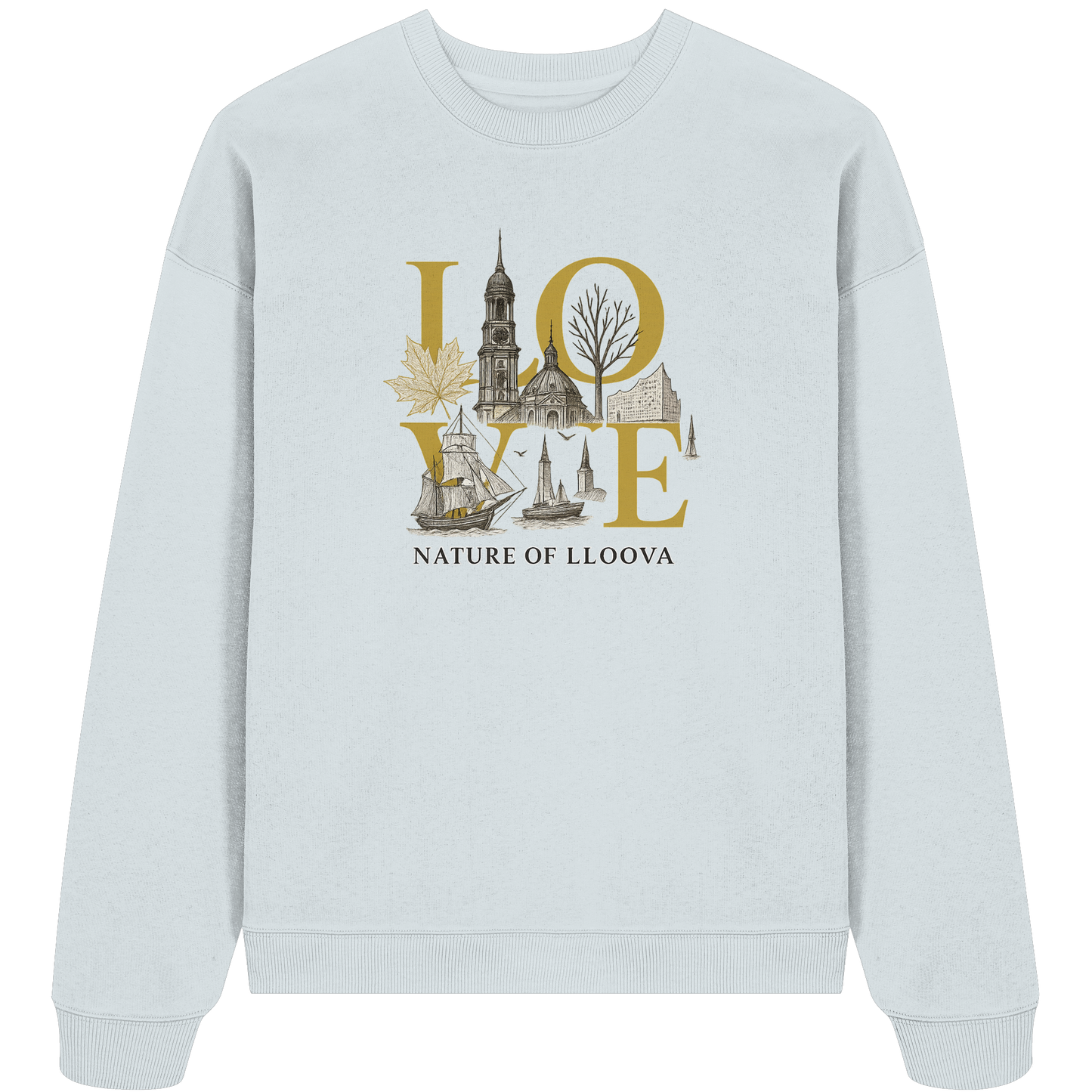 Hafen "Michel" Oversized Sweatshirt mit Hamburg LOVE-Motiv

Lässiges Oversize-Sweatshirt aus Bio-Baumwolle in urbanem Design

Detailansicht: Wahrzeichen, Goldakzente & Glow-Effekt

Rückenansicht des Statement-Sweatshirts von LLOOVA

Nachhaltiges, stilvolles Oversized Piece für Hamburg-Liebhaber:innen

Urban Chic & bewusste Mode: LLOOVA Sweatshirt mit Haltung

