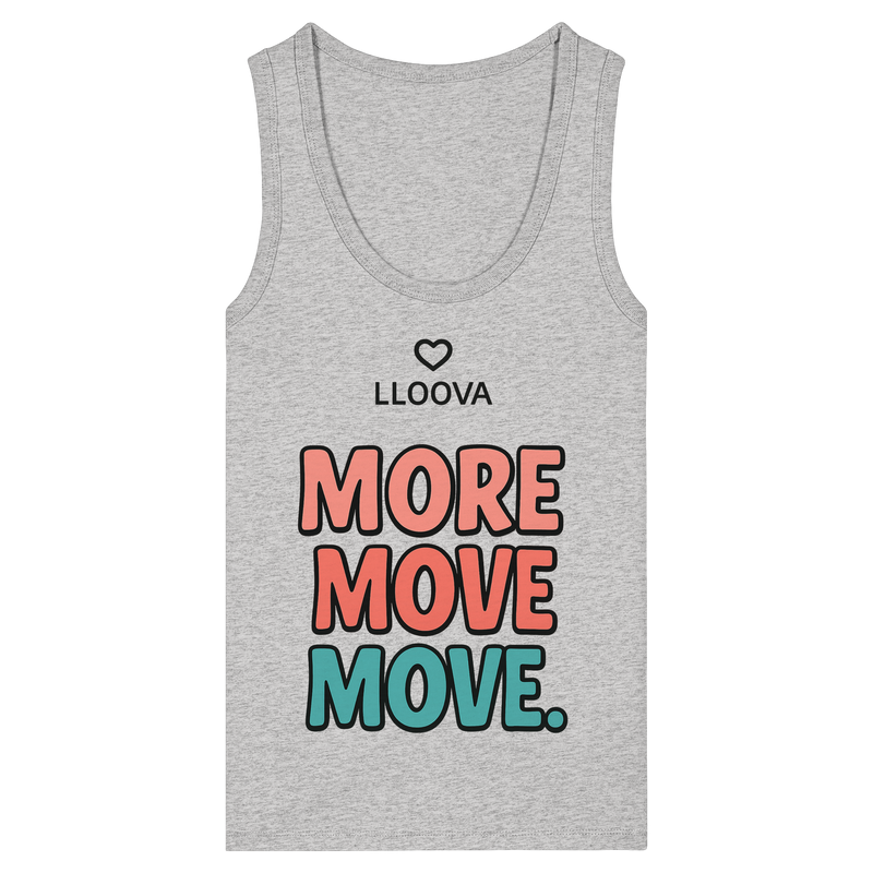Hafensommer Damen Fitted Tank Top mit „More Move.“ vorne

Rückseite mit „More Love.“ Print

Figurbetontes Bio-Tanktop für den Sommer

Nachhaltiges Damen Tank Top mit Rippdetails

Detailaufnahme der Overlocknaht und Prints

Fair Fashion Top von LLOOVA

