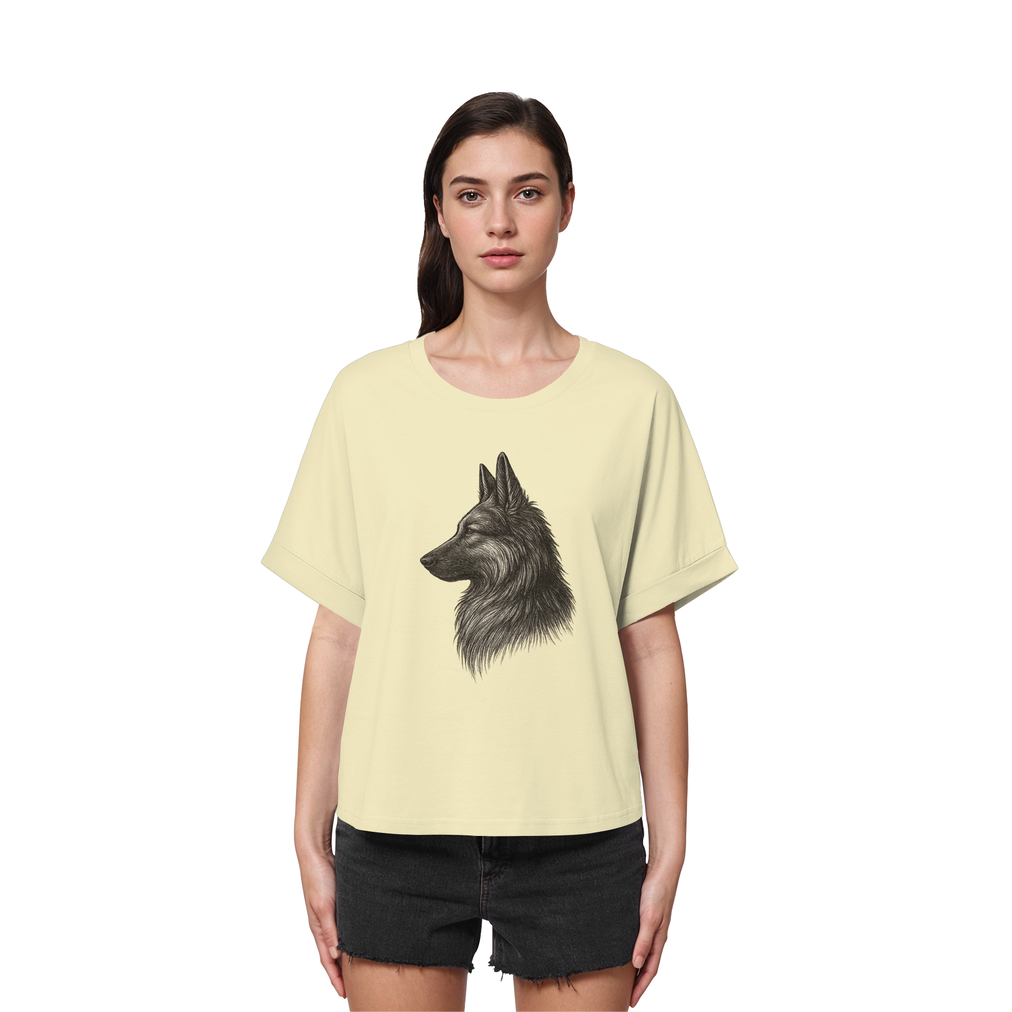„Oversized T-Shirt für Frauen – handgezeichneter Deutscher Schäferhund im Profil“