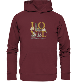 Urbaner LOVE-Hoodie mit Hamburger Wahrzeichen und goldenen Akzenten

