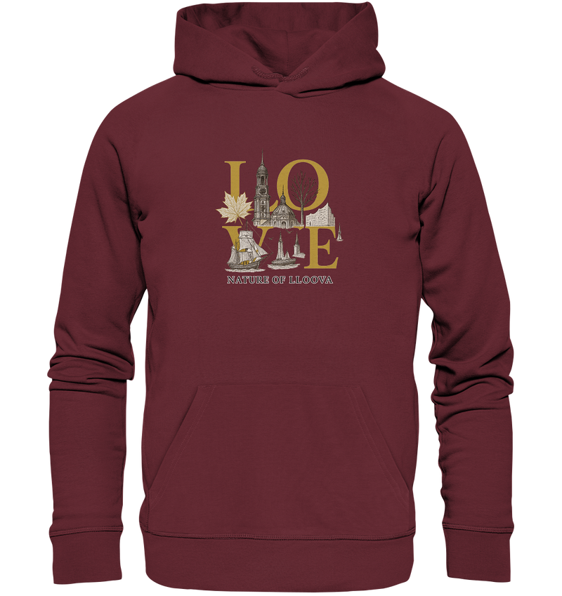 Urbaner LOVE-Hoodie mit Hamburger Wahrzeichen und goldenen Akzenten

