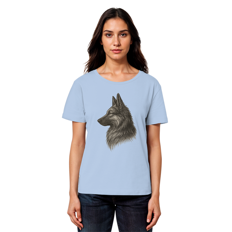 „Vorderansicht Bio Damen Shirt – Schäferhund Illustration Treuer Blick“